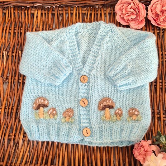 0-3 months Handmade Knitted Blue Baby Cardigan with Toadstools (Ready to Send)