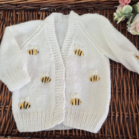 3–6 Months Knitted White Baby Cardigan with Embroidered Bumble Bees, Baby Shower Gift, Handmade UK (Ready to Send)