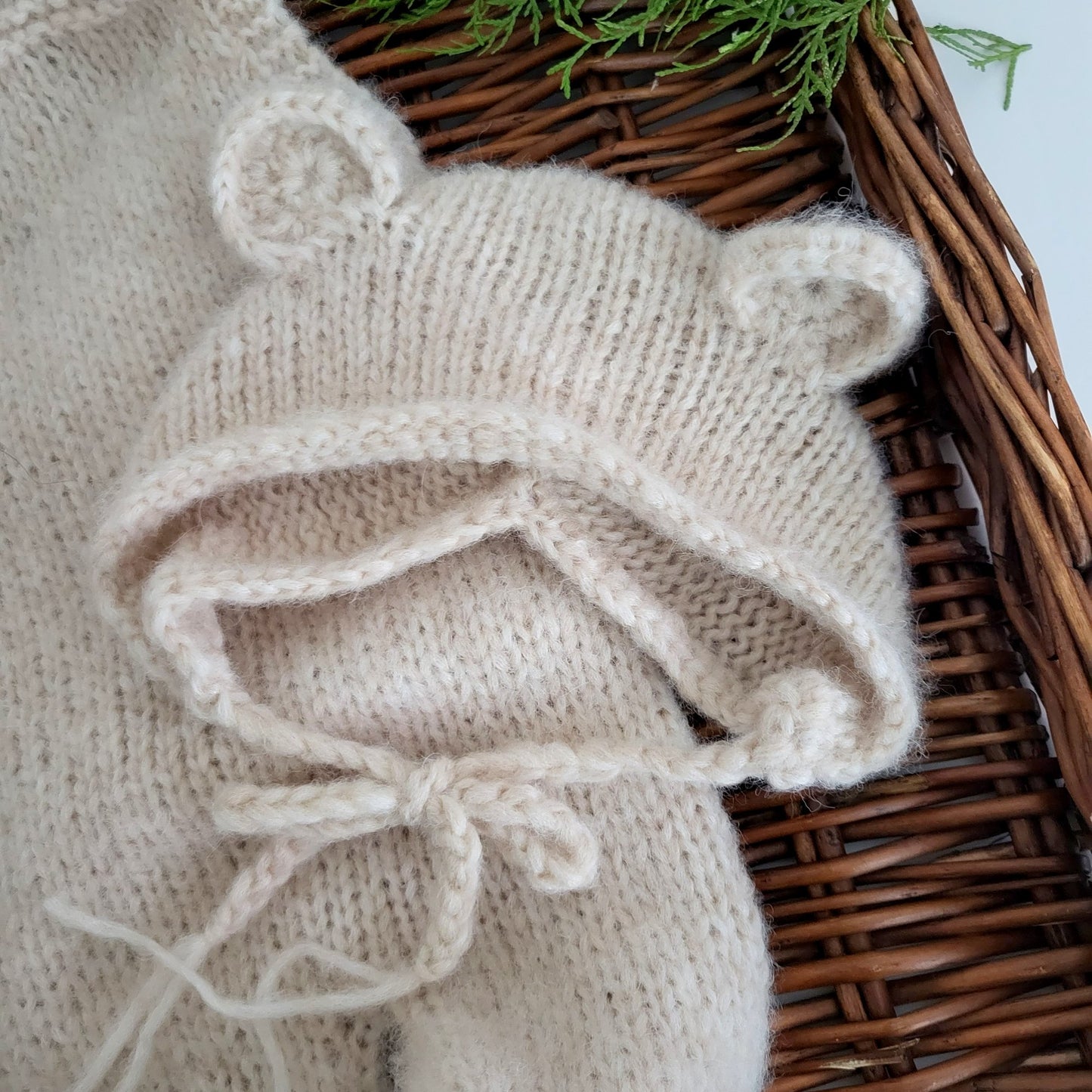 Beige 3-6 months size Bear Bonnet and Dungaree set (READY TO SEND )