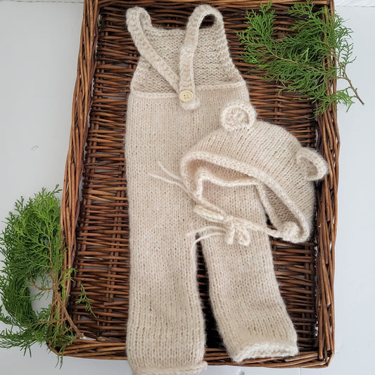 Beige 3-6 months size Bear Bonnet and Dungaree set  (READY TO SEND )