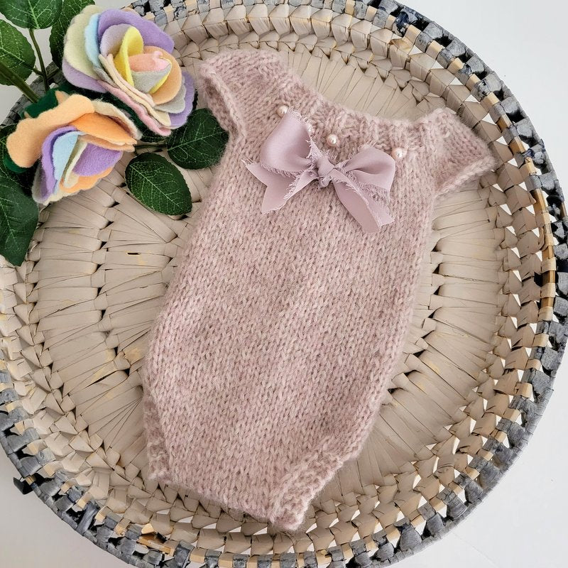 Pink or Cream Knitted alpaca Newborn Romper with pearls and bow (Made to order)