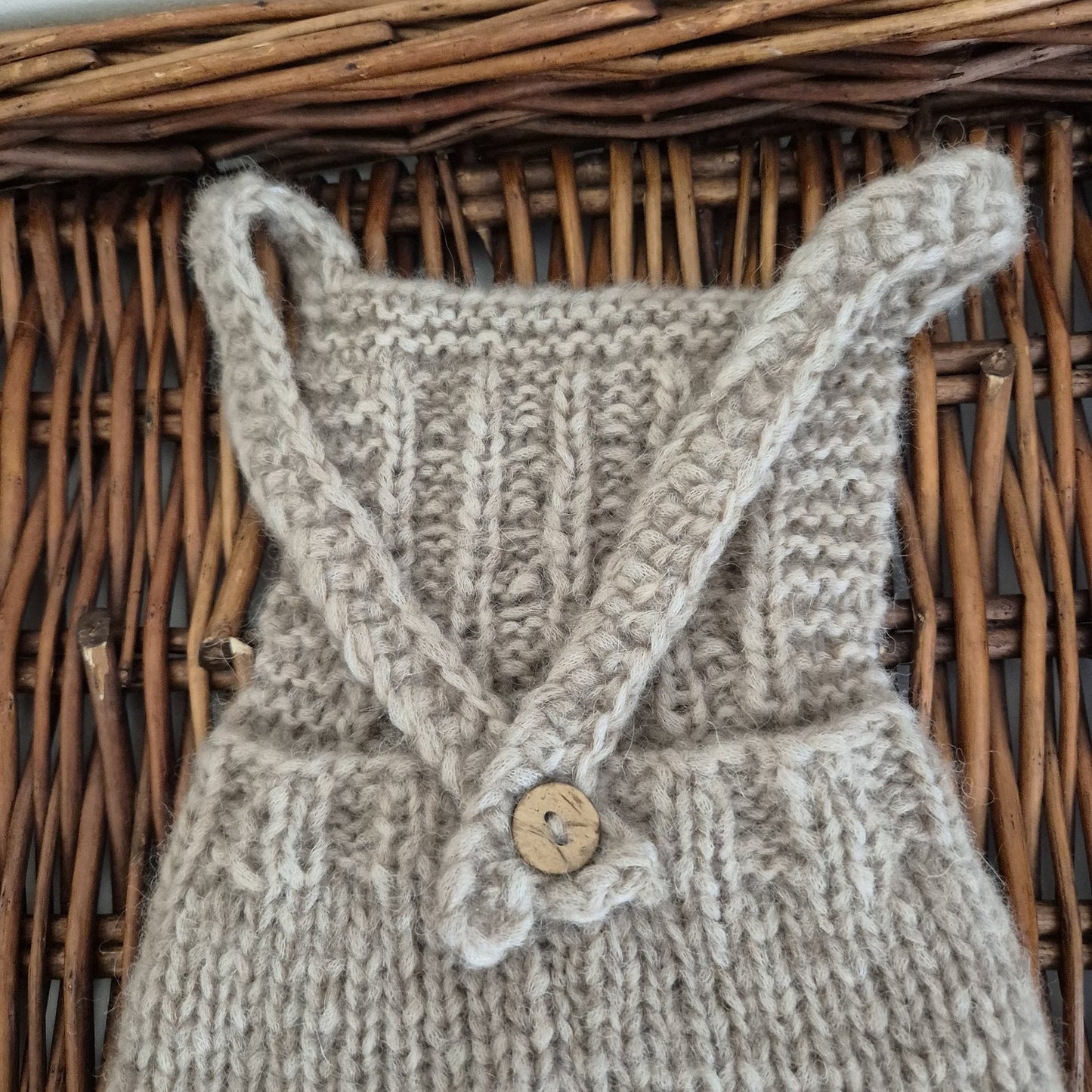Handknit Newborn Dungaree style Romper in Brown Alpaca yarn, Photography Prop (READY TO SEND)