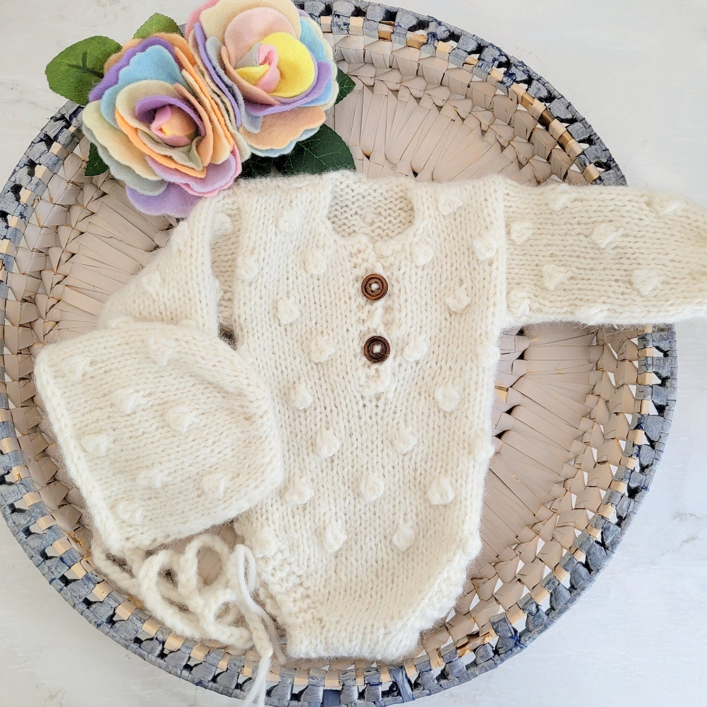 newborn photo prop long sleeved romper and bonnet with bubble pattern