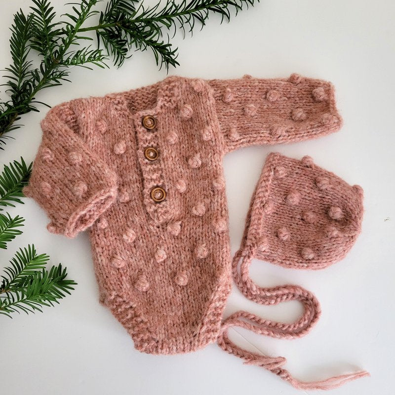Popcorn Bubble Knit Newborn/ 0-3 months Long Sleeve Romper with Optional bonnet - more colours (Made to order)