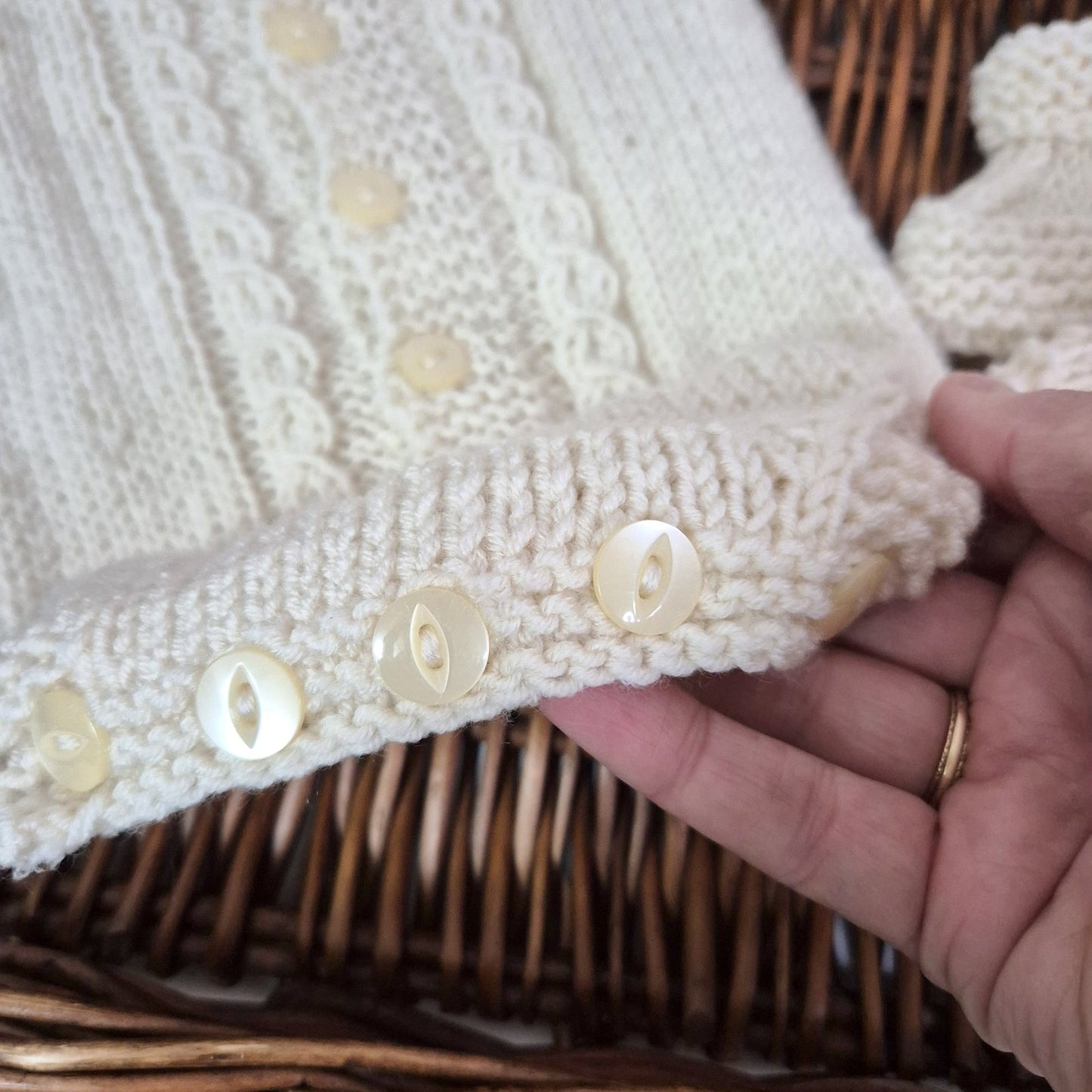 0-3 months Handknit Cream Cabled Baby Romper and Bootie set .Unisex Baby Gift (Ready to Send)