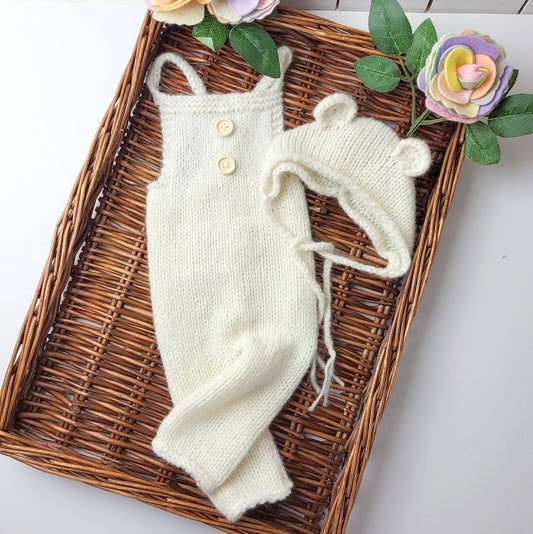 Handknit Baby Dungaree style Romper and Bear Bonnet or Beanie. Newborn Photo Prop. Coming home Outfit.Newborn - 3 months (Made to order)