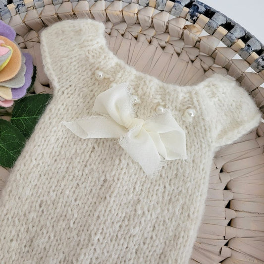 Pink or Cream Knitted alpaca Newborn Romper with pearls and bow (Made to order)