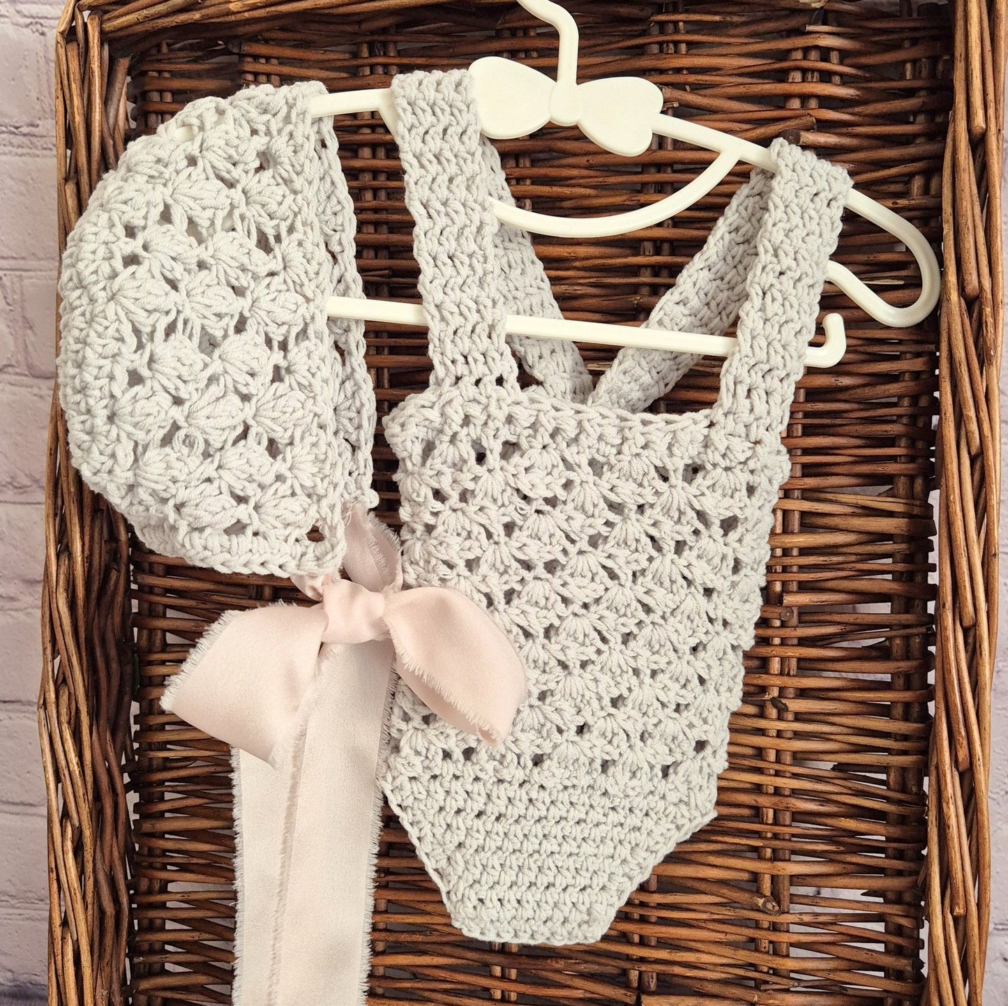 Newborn Baby Girl Beige Cotton Romper and Bonnet Set ( Ready to send)