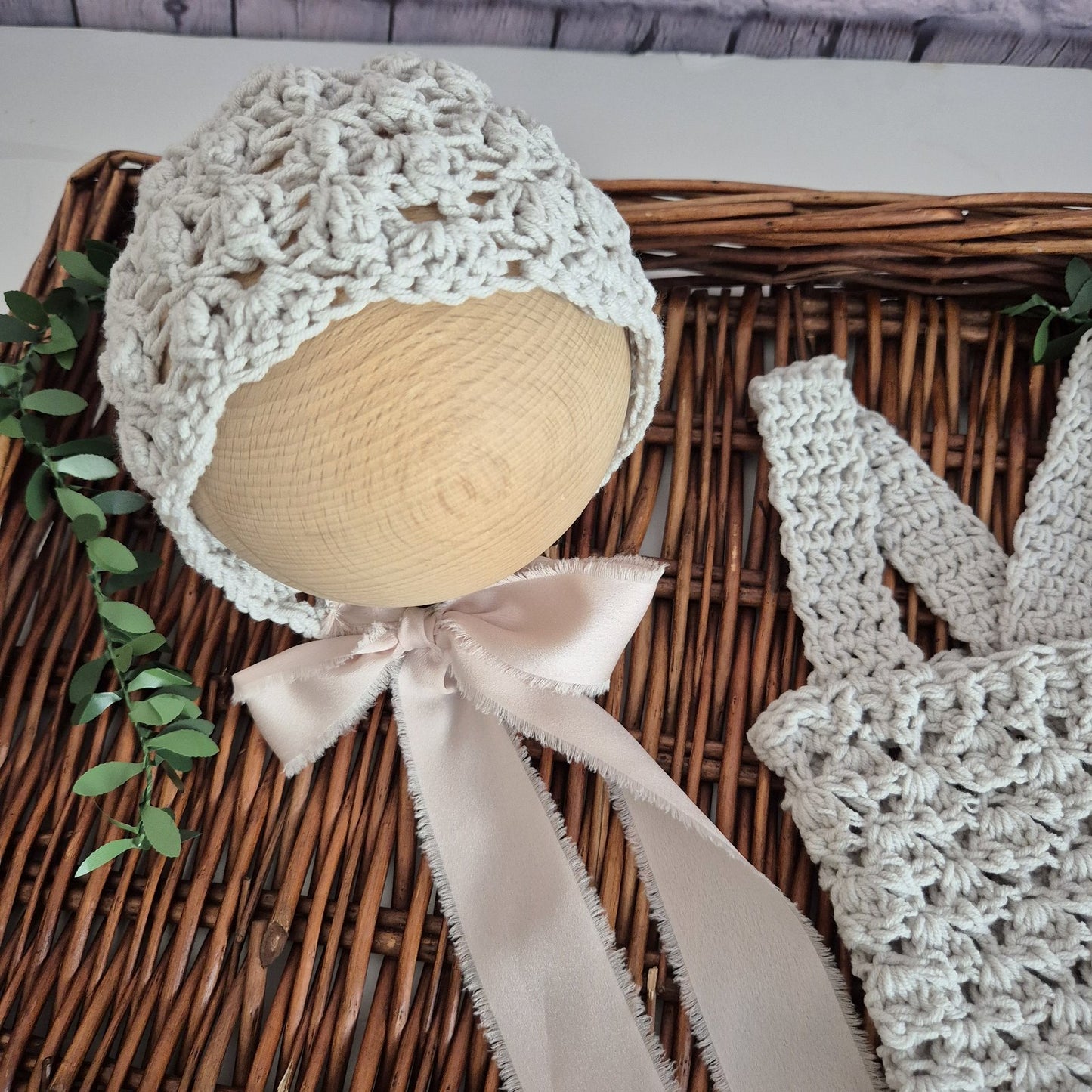 Newborn Baby Girl Beige Cotton Romper and Bonnet Set ( Ready to send)