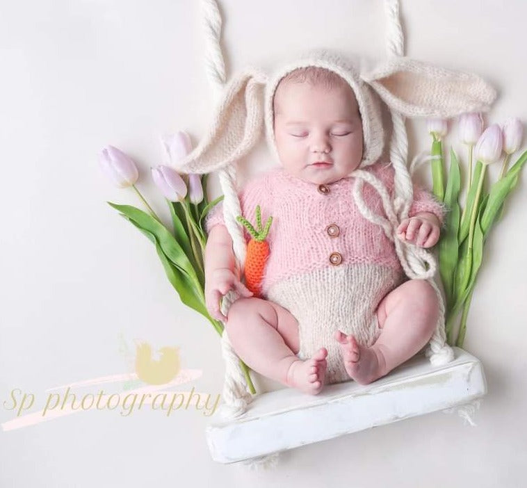 Knitted Baby Rabbit Romper and Bunny Ears Bonnet Newborn size ( Ready to Send)