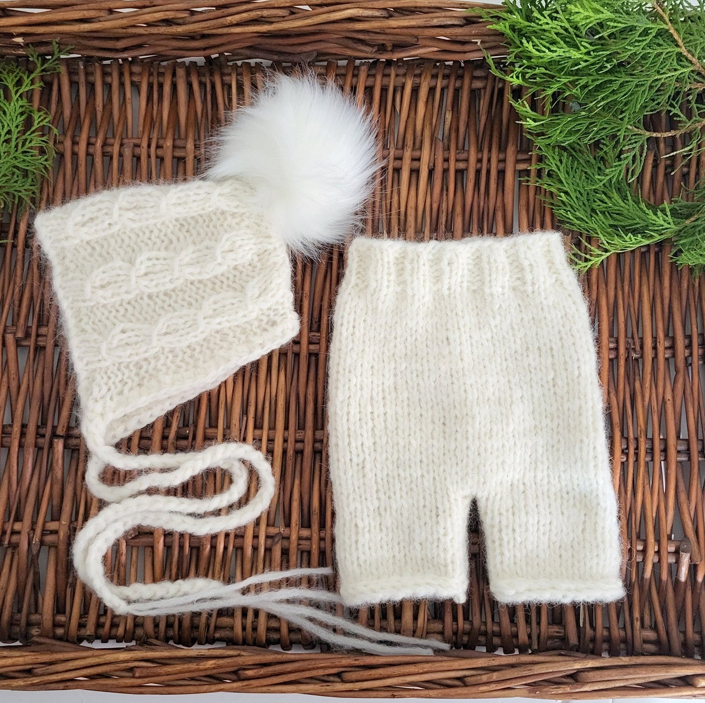 Soft Cream Knit Newborn Short Pants with a Cabled Pom Pom Bonnet (Ready to Send) Newborn photo prop