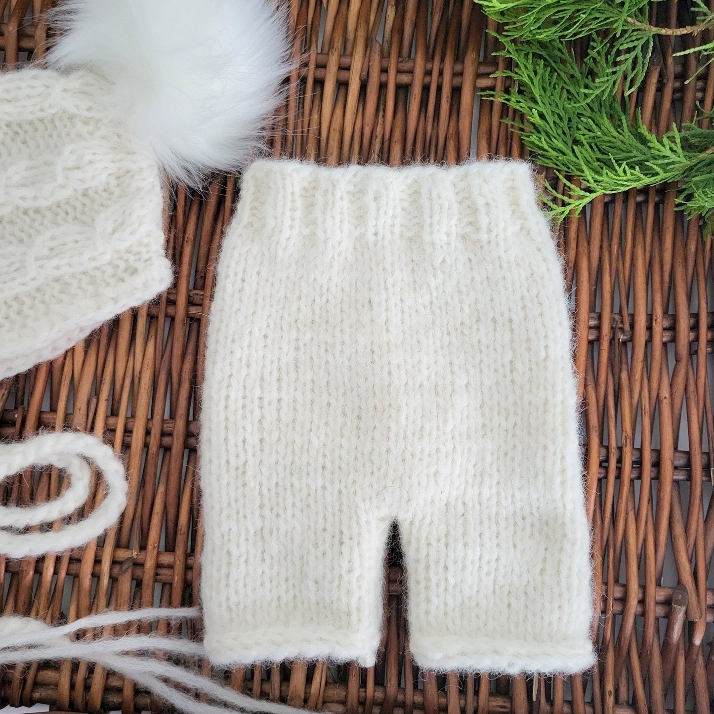 Soft Cream Knit Newborn Short Pants with a Cabled Pom Pom Bonnet (Ready to Send) Newborn photo prop