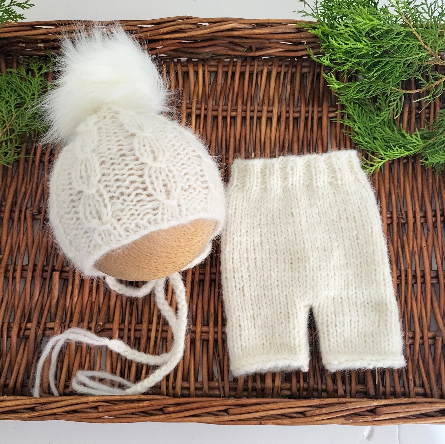 Soft Cream Knit Newborn Short Pants with a Cabled Pom Pom Bonnet (Ready to Send) Newborn photo prop