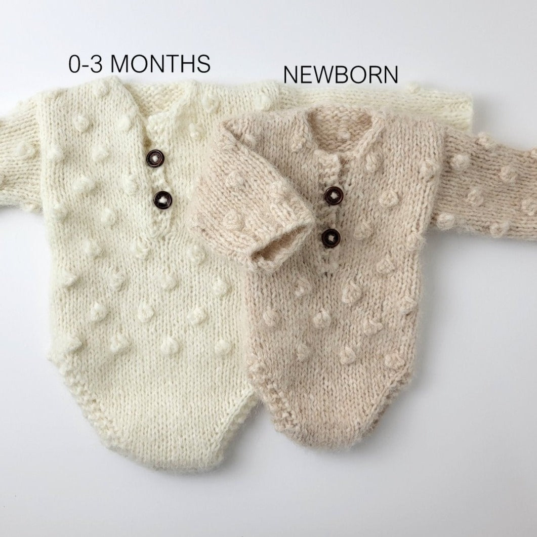Popcorn Bubble Knit Newborn/ 0-3 months Long Sleeve Romper with Optional bonnet - more colours (Made to order)