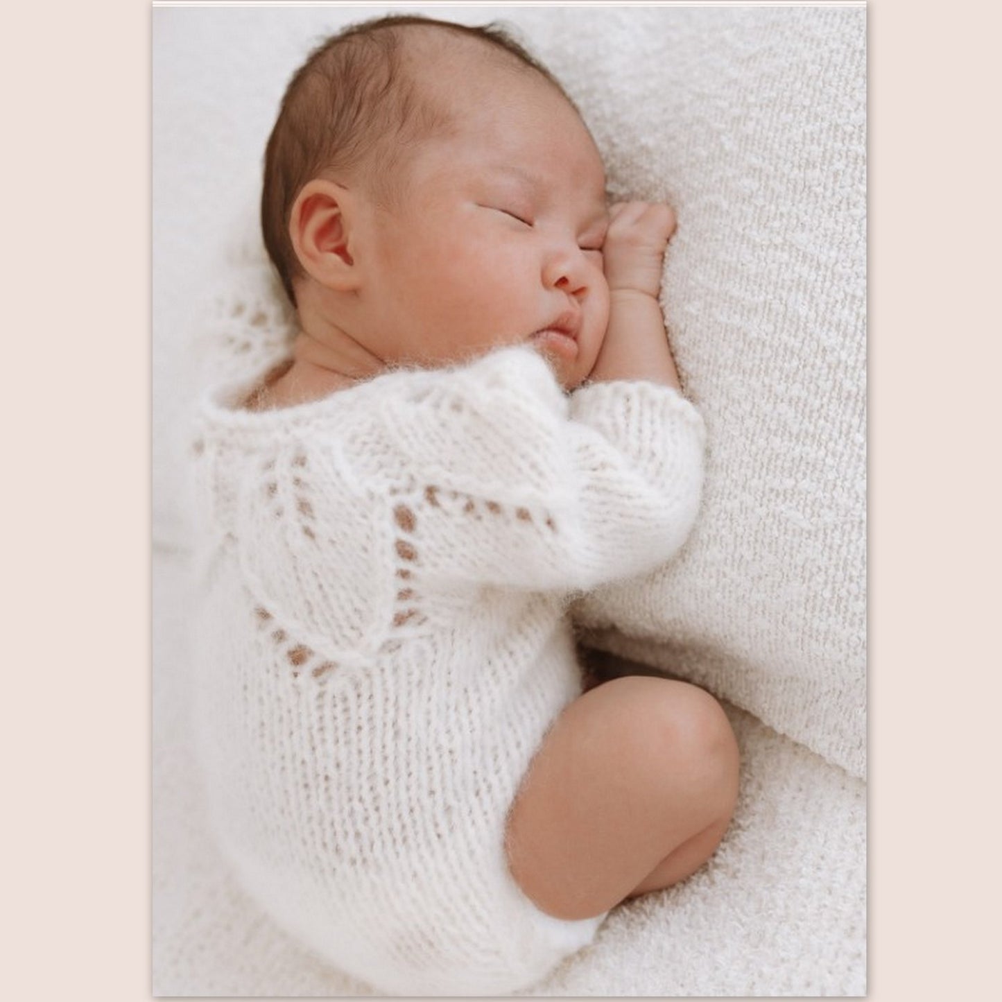 Handknit White Baby Romper and Bootie set with leaf pattern 0-3 months (Ready to Send)