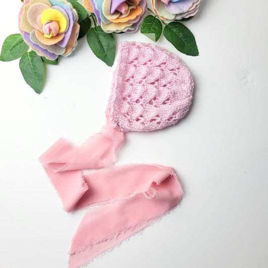 Pink Newborn Baby Girl Bonnet with Ribbon ties (Ready to Send)