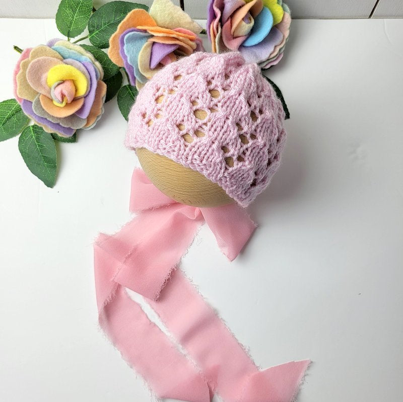 Pink Newborn Baby Girl Bonnet with Ribbon ties (Ready to Send)