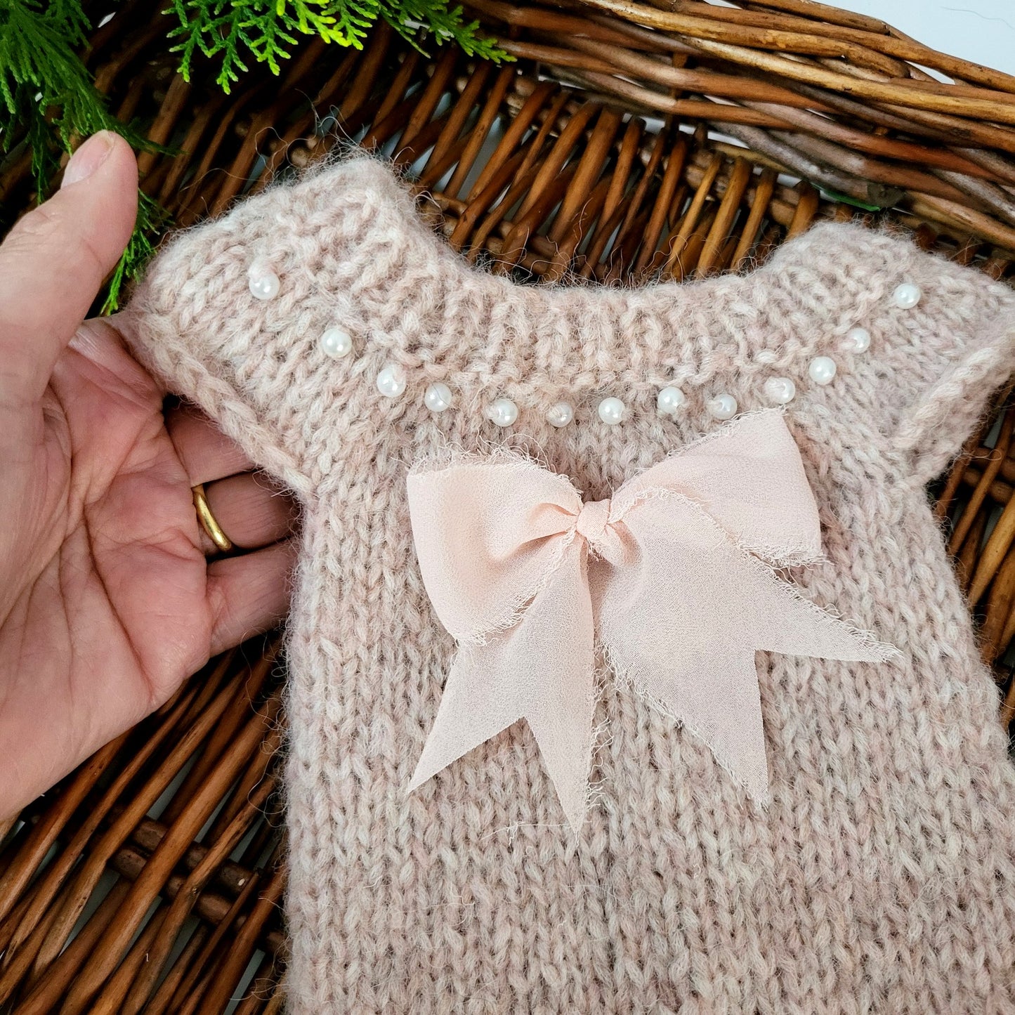 Soft Dusty Pink alpaca Newborn Romper with bow and pearls (Ready to Send)