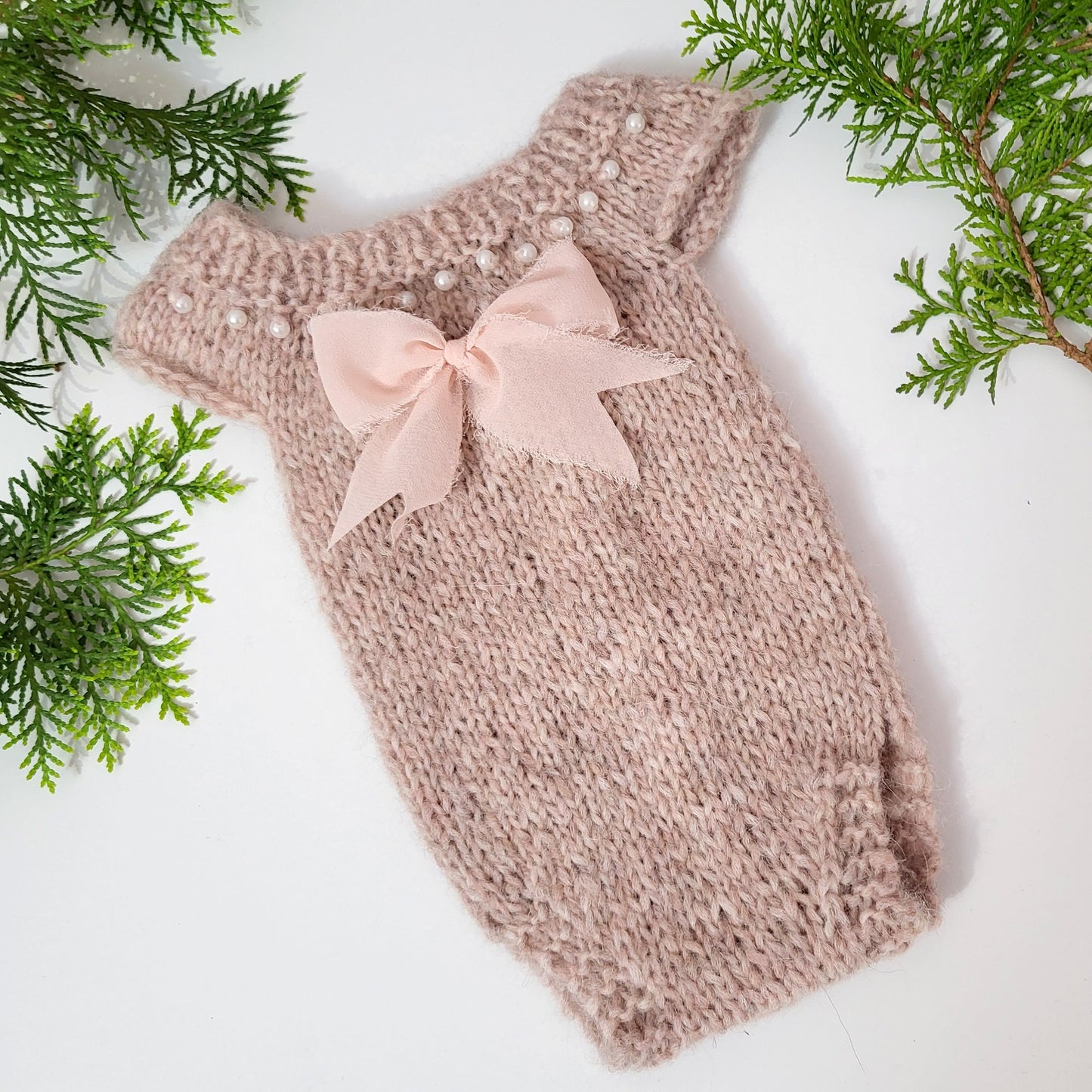 Soft Dusty Pink alpaca Newborn Romper with bow and pearls (Ready to Send)