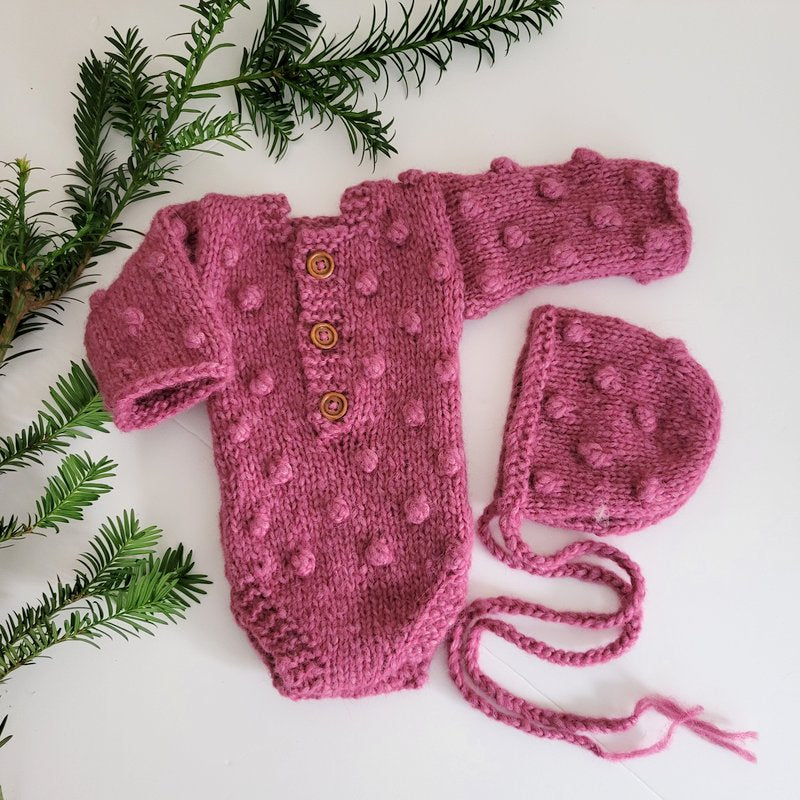Popcorn Bubble Knit Newborn/ 0-3 months Long Sleeve Romper with Optional bonnet - more colours (Made to order)