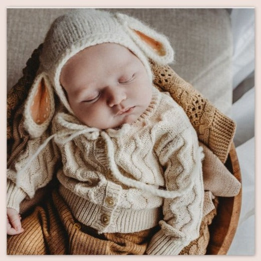Handknit fluffy cream baby lamb bonnet for newborn photography