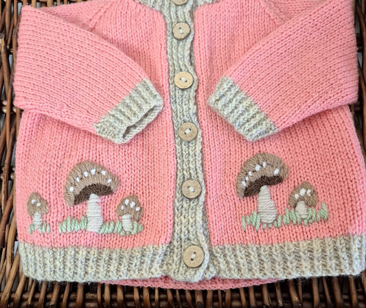 0-6 months Handmade Knitted Salmon Pink Baby Cardigan with Toadstools (Ready to Send)