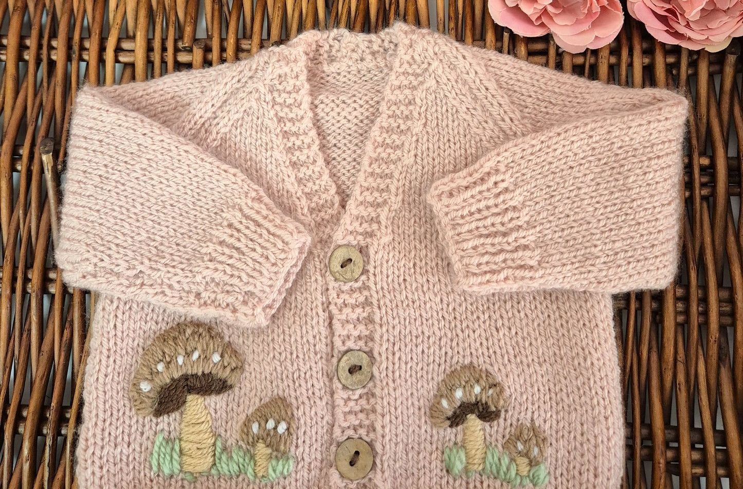 0-3 months Handmade Knitted Pink Baby Cardigan with Toadstools (Ready to Send)