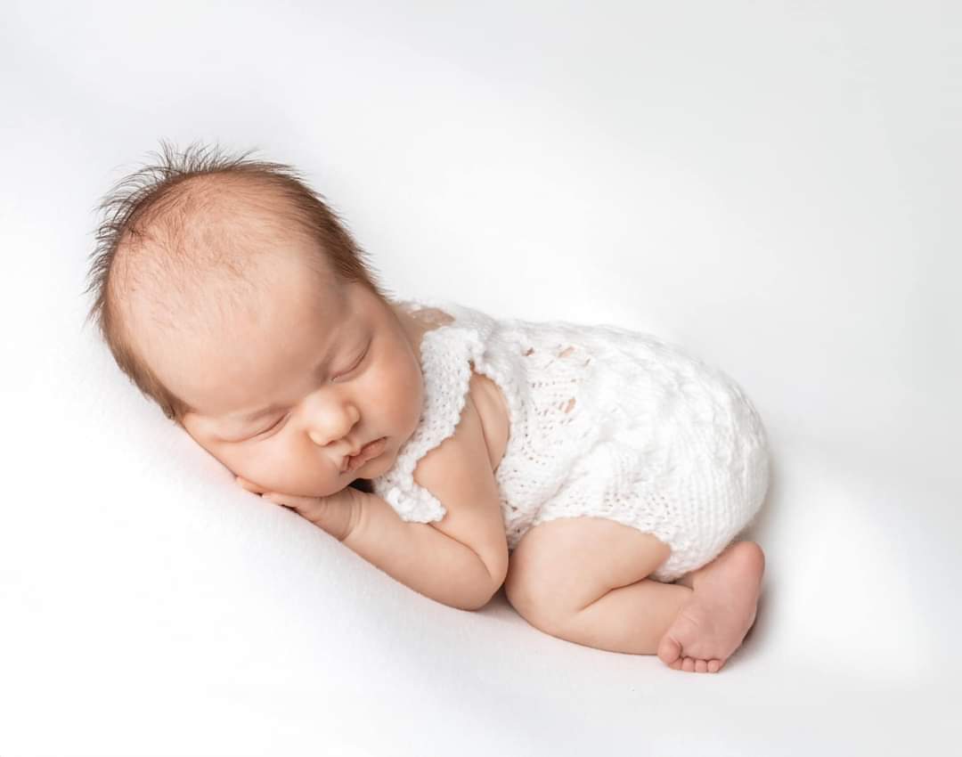 Newborn -3 months Lacy knitted baby girl romper. Matching Booties available. (Made to order) MORE COLOURS!