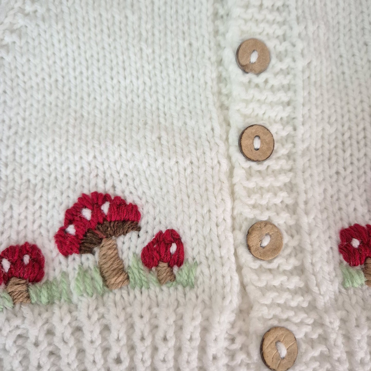 0-6 months Handmade Knitted White Baby Cardigan with Toadstools (Ready to Send)