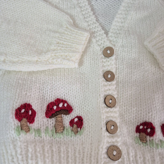 6-12 months Handmade Knitted White Baby Cardigan with Toadstools (Ready to Send)