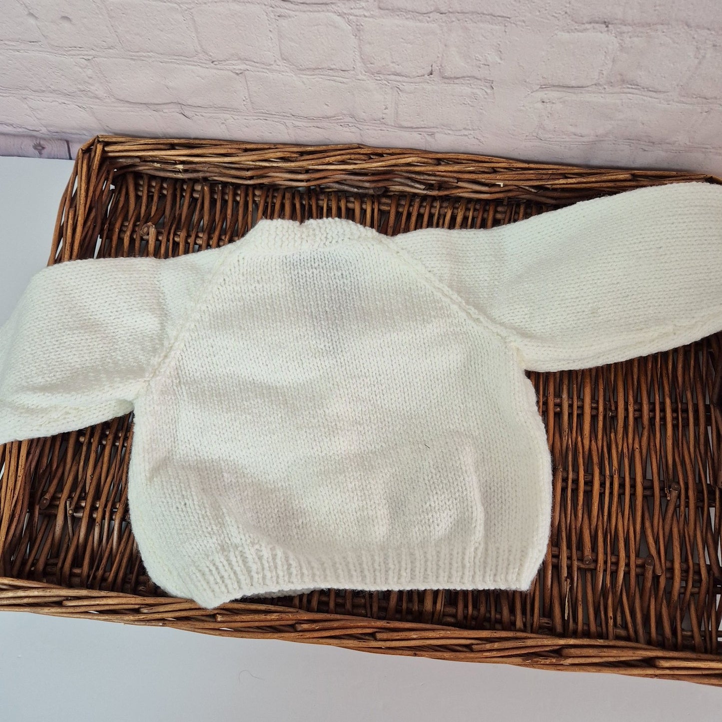 6-12 months Handmade Knitted White Baby Cardigan with Toadstools (Ready to Send)