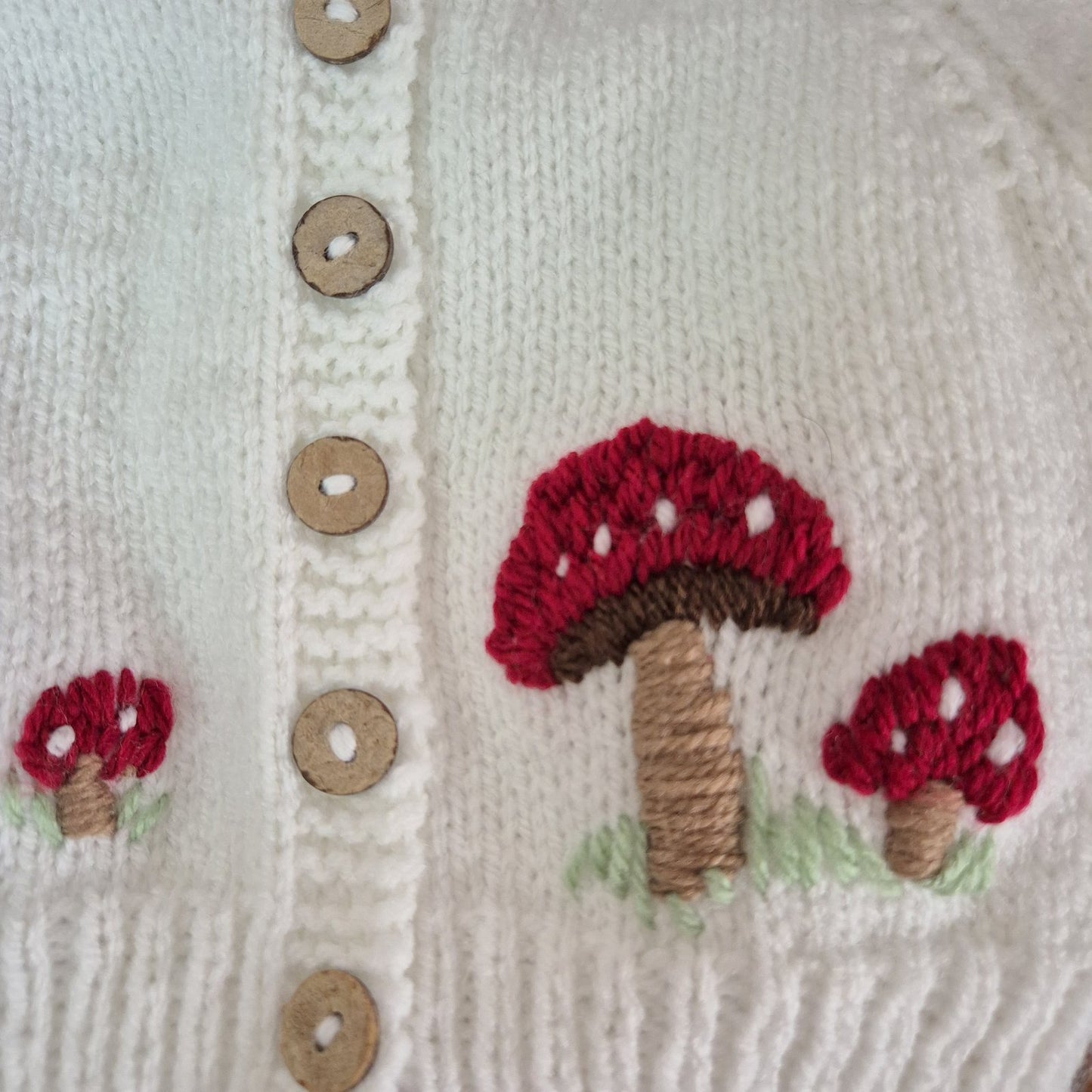 0-3 months Handmade Knitted White Baby Cardigan with Toadstools (Ready to Send)