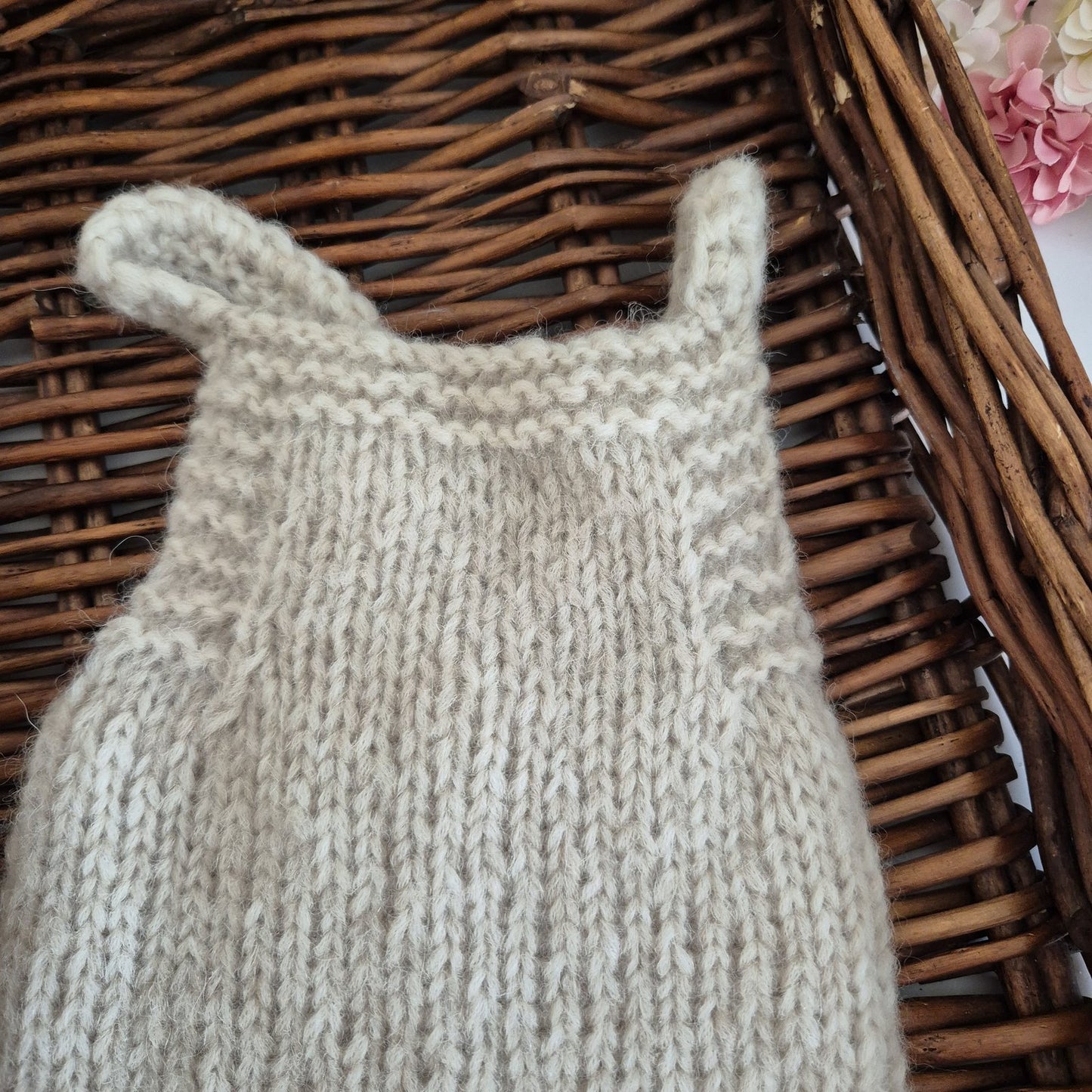 Handknit Newborn Dungaree style Romper with Bear Bonnet, Photography Prop (READY TO SEND)