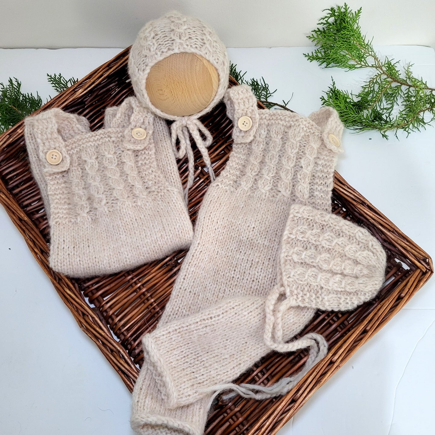 Luxury Alpaca Knitted Baby Dungaree with matching hat. Newborn to 3 months sizes, more colours (Made to order)