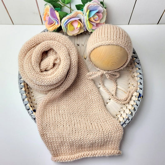 Honey Beige Wrap & Classic Style Bonnet set Newborn Photo prop (Ready to Send)