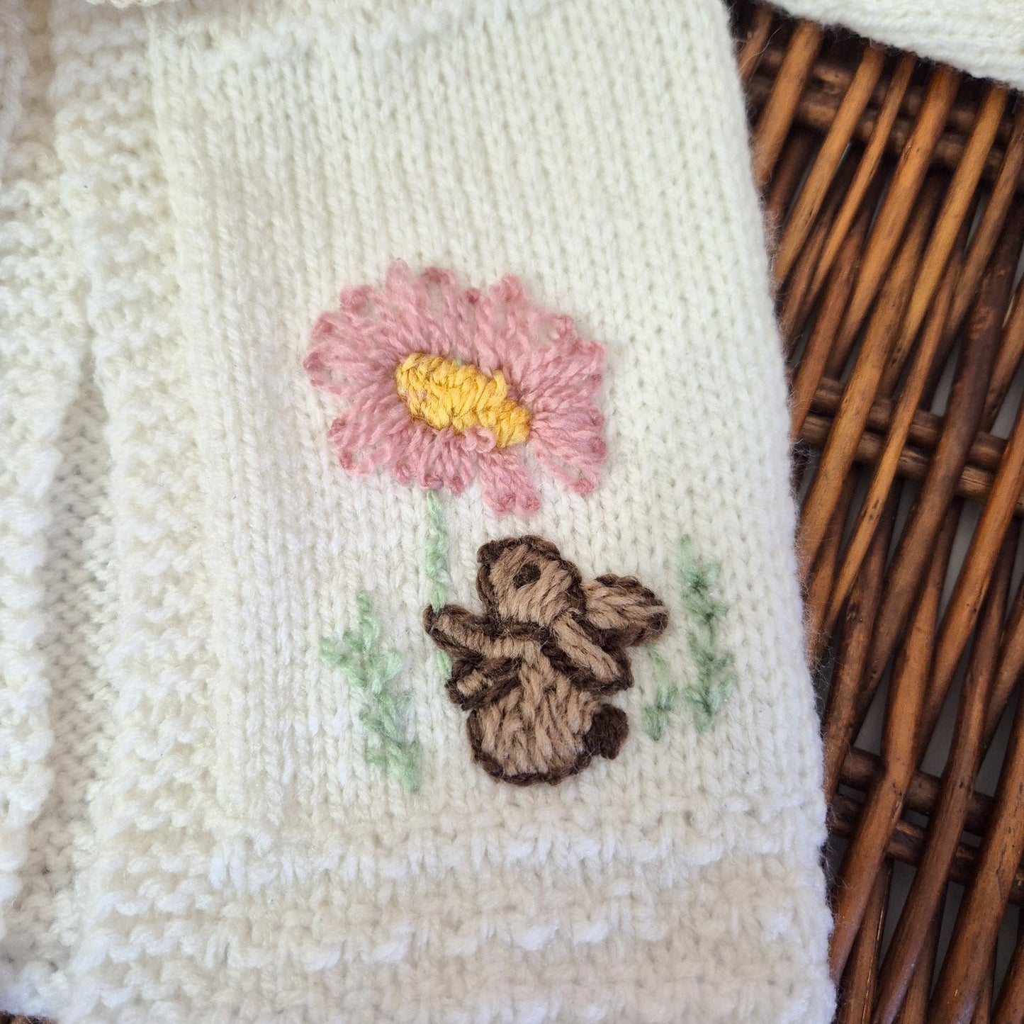 Cream Knitted Baby Cardigan with Bunny Embroidery and Toy Bunny Rattle 0-3 months (Ready to Send)