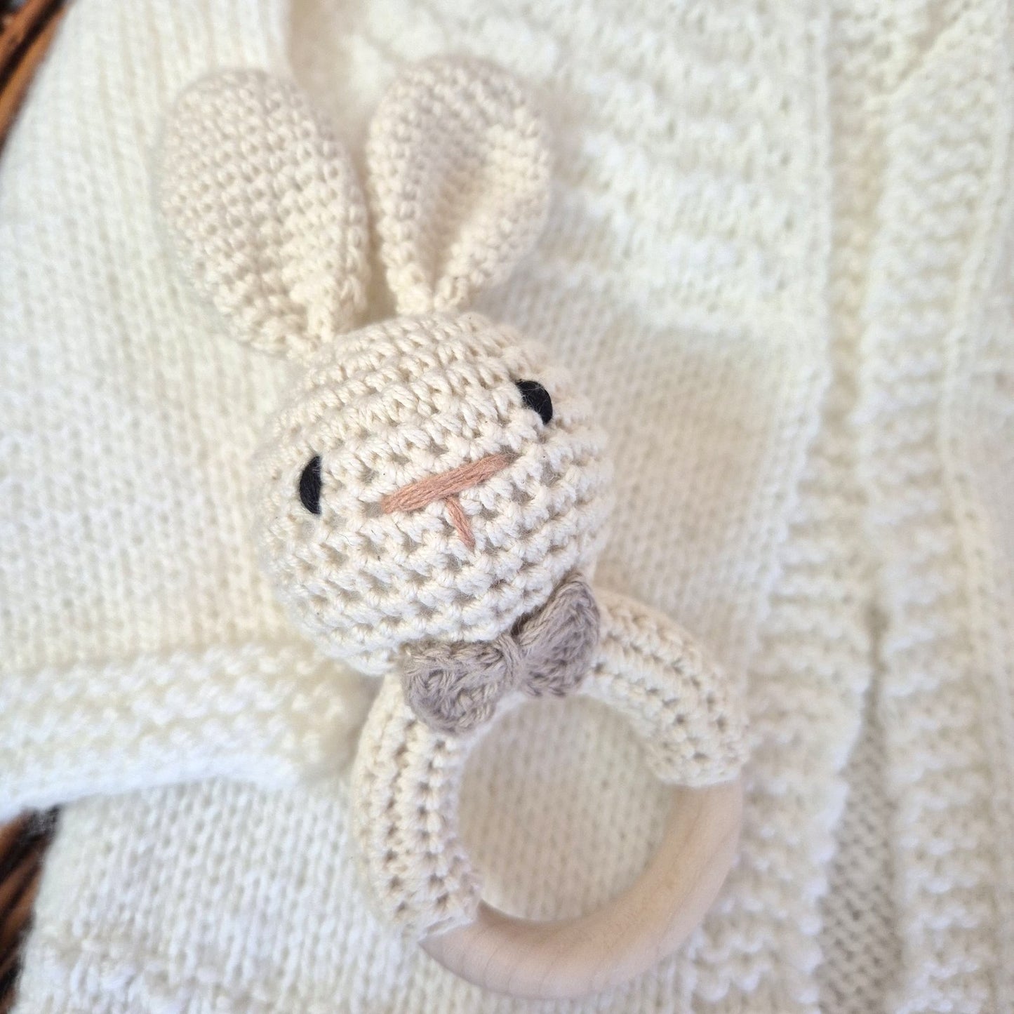 Cream Knitted Baby Cardigan with Bunny Embroidery and Toy Bunny Rattle 0-3 months (Ready to Send)