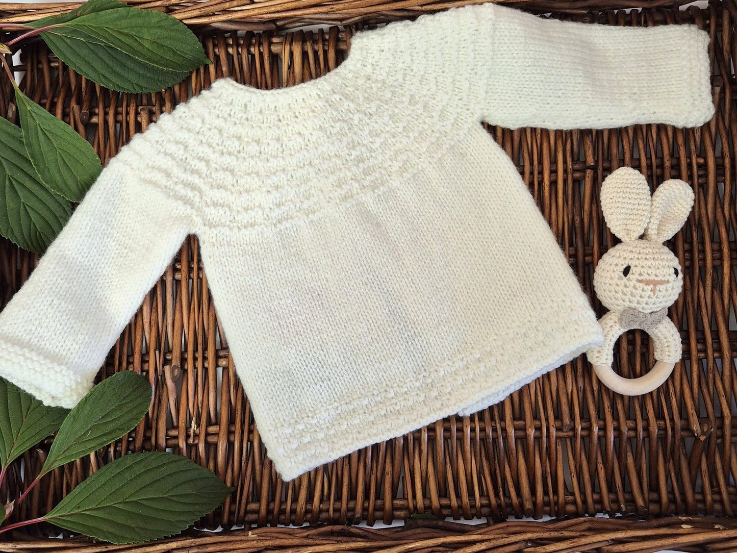 Cream Knitted Baby Cardigan with Bunny Embroidery and Toy Bunny Rattle 0-3 months (Ready to Send)