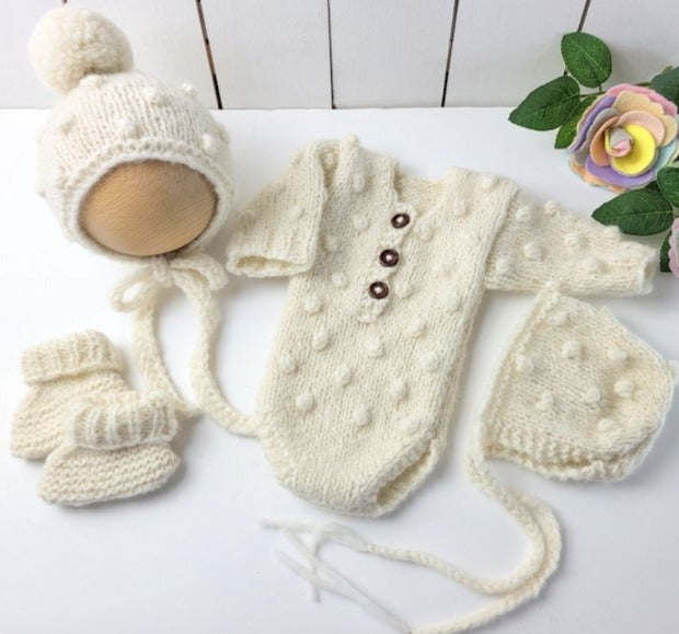 cream bubble pattern baby onesie with pom pom bonnet, booties