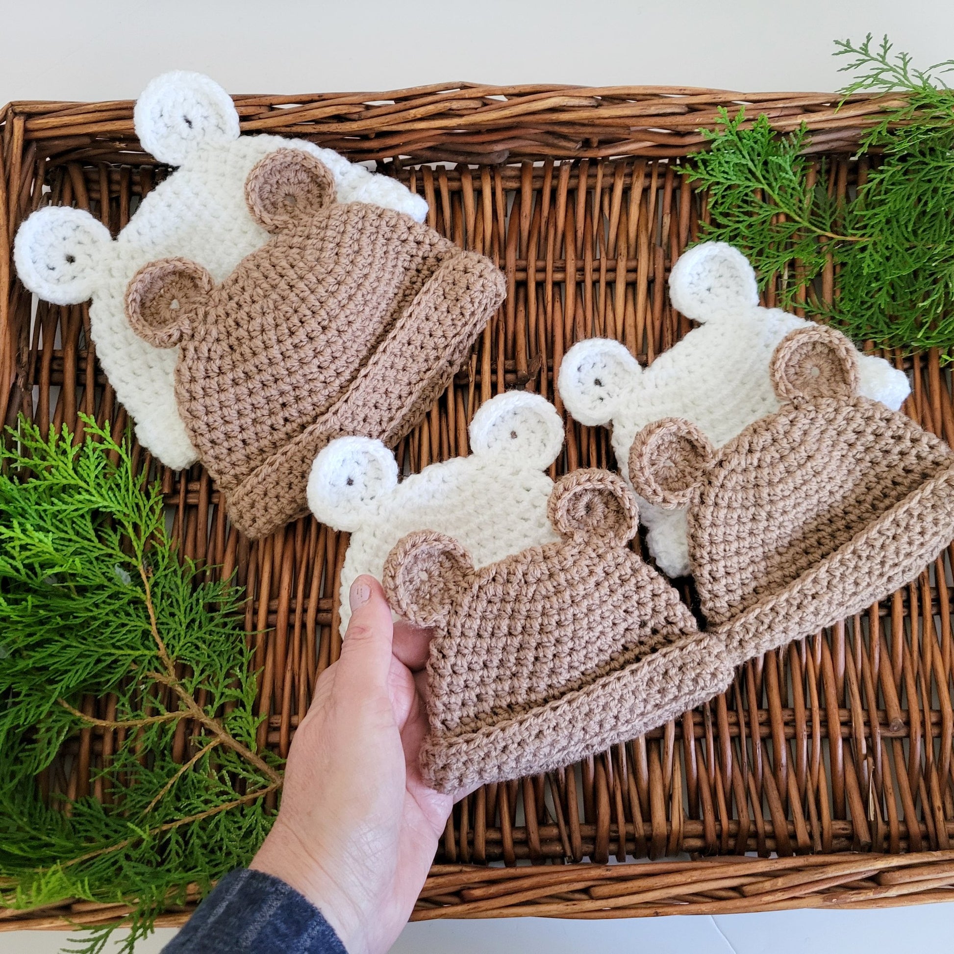 brown or white crochet newborn and preemie baby bear hats