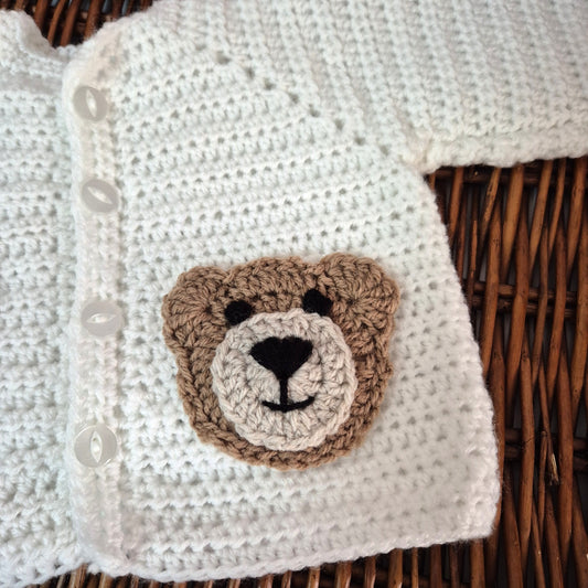 0-6 months White Handmade Crochet Baby Teddy Bear Cardigan Baby Jumper (Ready to Send)