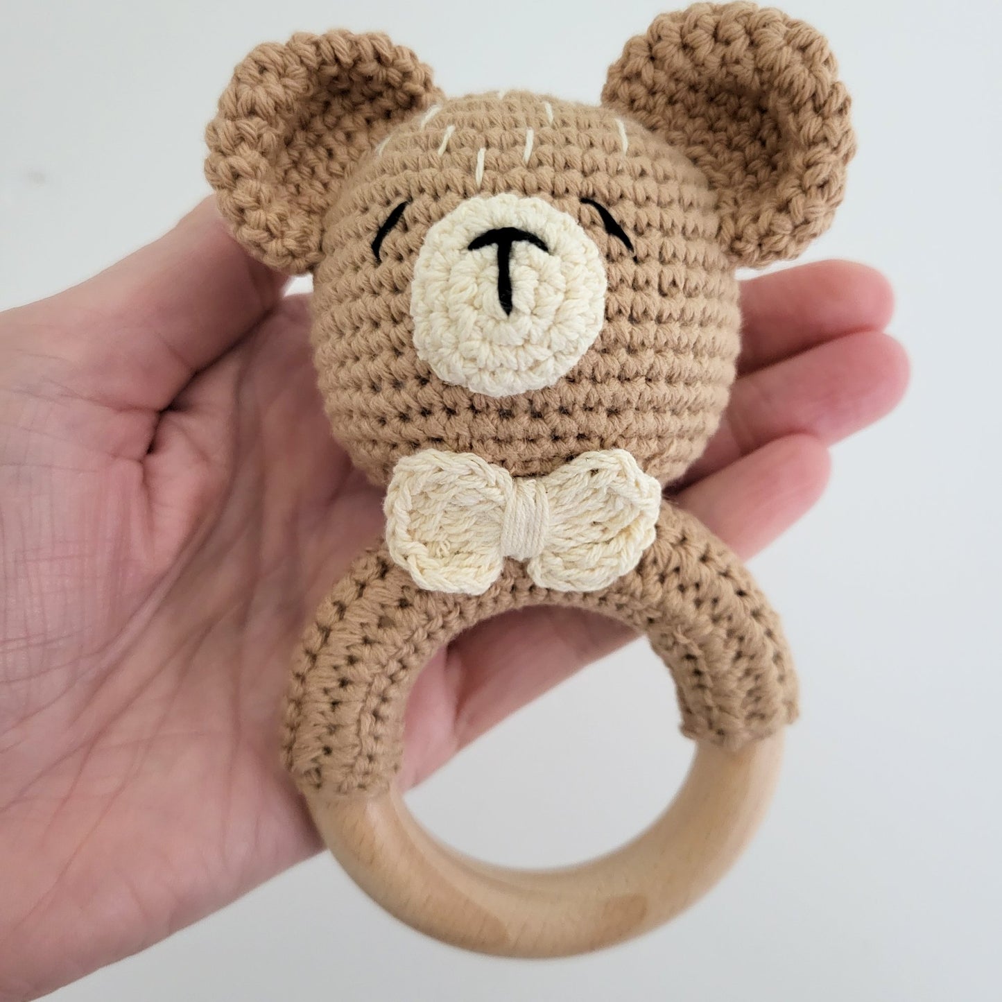 crochet brown teddy bear rattle for babies, ring rattle teether