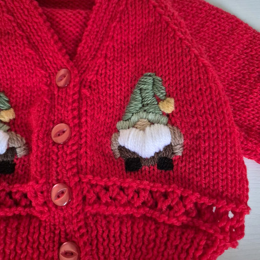 0-3 months Handmade Knitted Red Baby Cardigan with Embroidered Gonk Gnomes (Ready to Send) Baby shower gift. First Christmas gift.