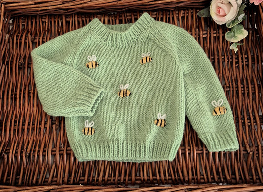 0-3 months Handmade Knitted Bright Sage Green Baby Jumper with embroidered Bumble Bees (Ready to Send)