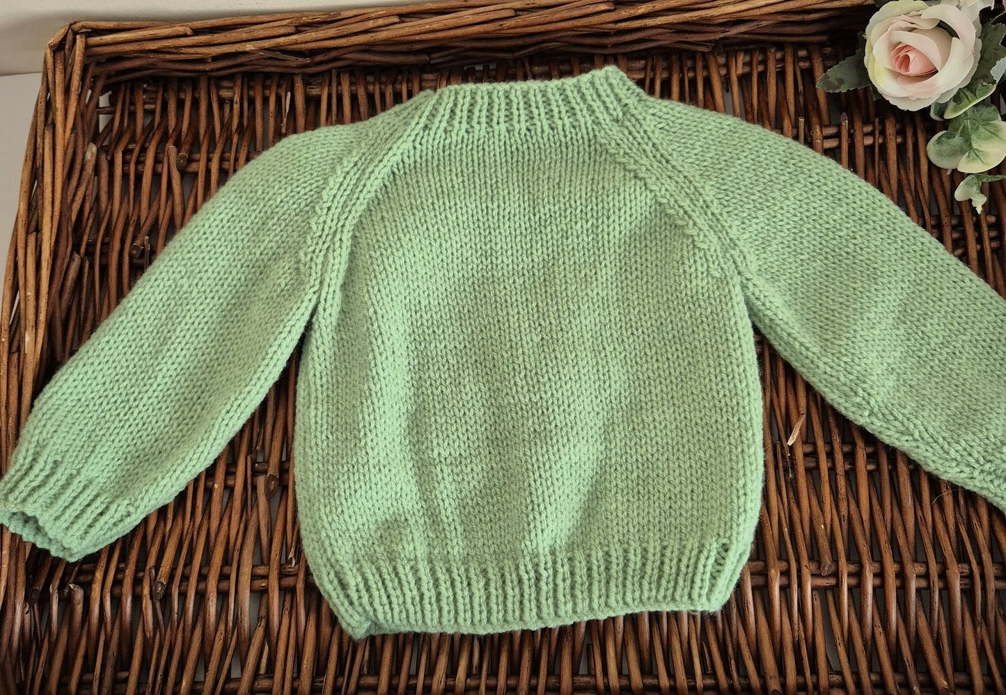 0-3 months Handmade Knitted Bright Sage Green Baby Jumper with embroidered Bumble Bees (Ready to Send)