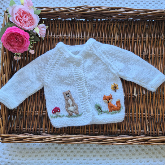 0-3 months Handmade Knitted White Baby Cardigan with Embroidered Fox and Brown Bear (Ready to Send) Baby shower gift