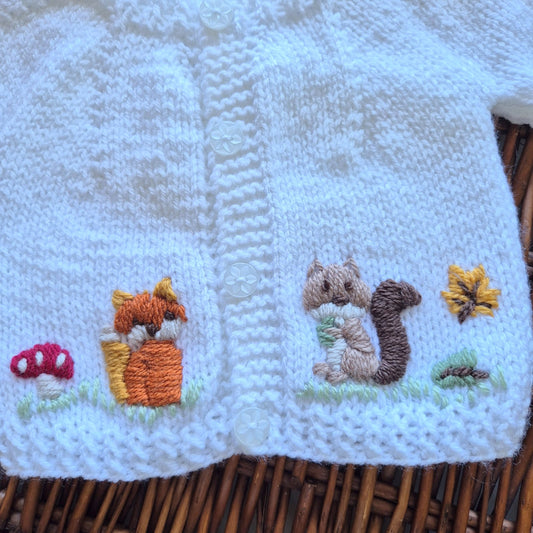 0-3 months Handmade Knitted White Baby Cardigan with Embroidered Fox and Squirrel (Ready to Send) Baby shower gift