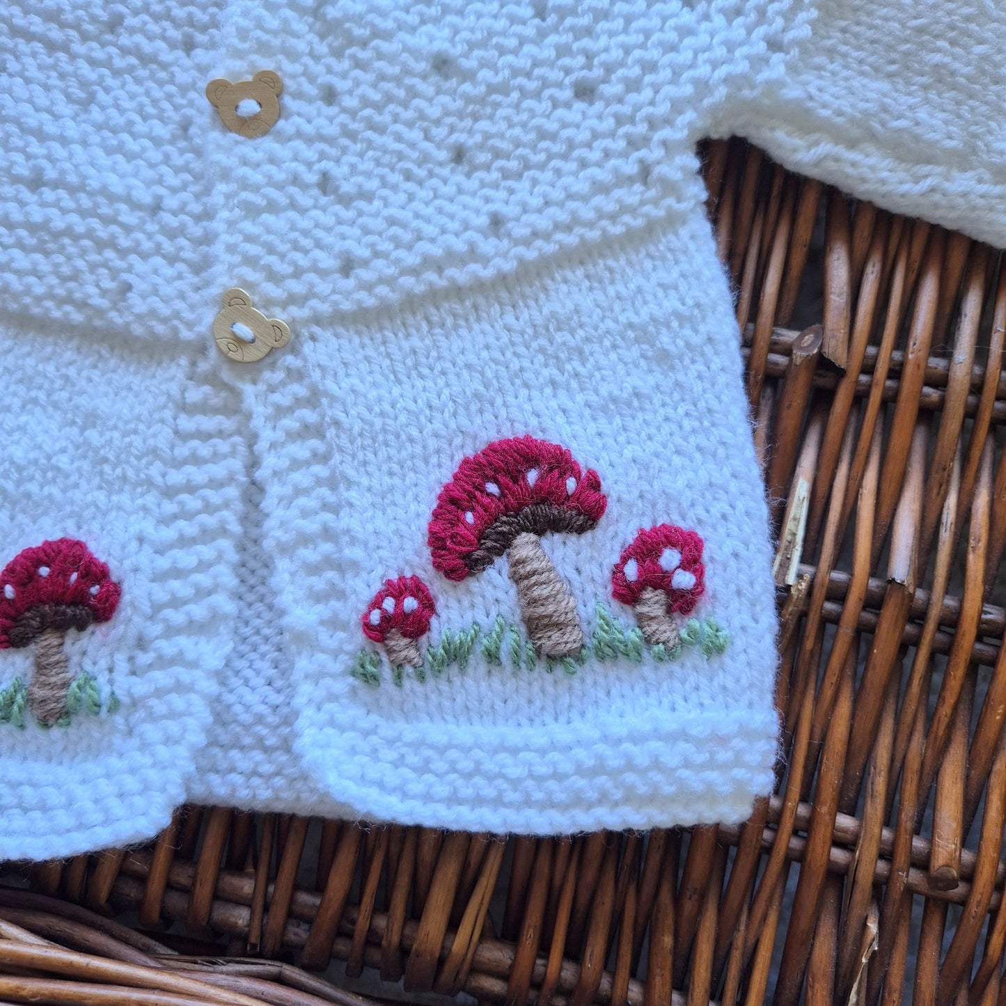 0-6 months Handmade Knitted White Baby Cardigan with Embroidered Toadstools (Ready to Send) Baby shower gift