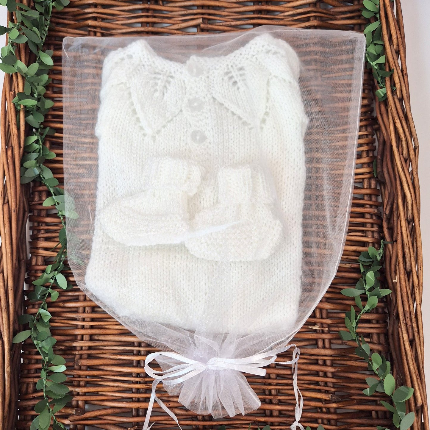 Handknit White Baby Romper and Bootie set with leaf pattern 0-3 months (Ready to Send)