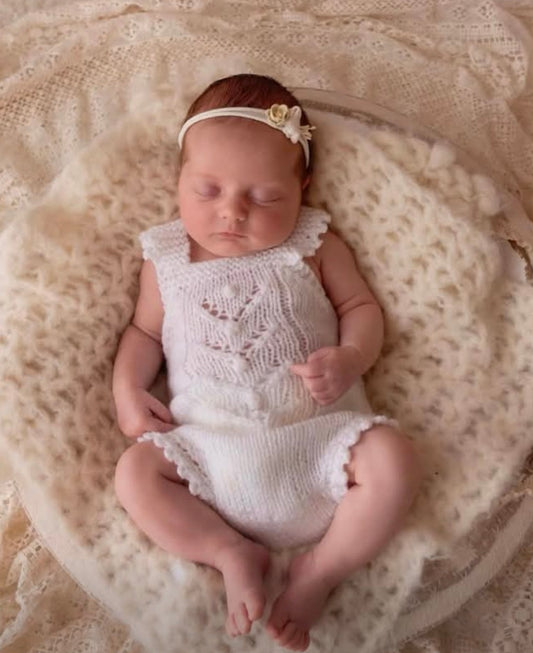 RTS Newborn White Lacy Popcorn knitted baby girl romper. (Ready to send) Photographty prop, coming home outfit.